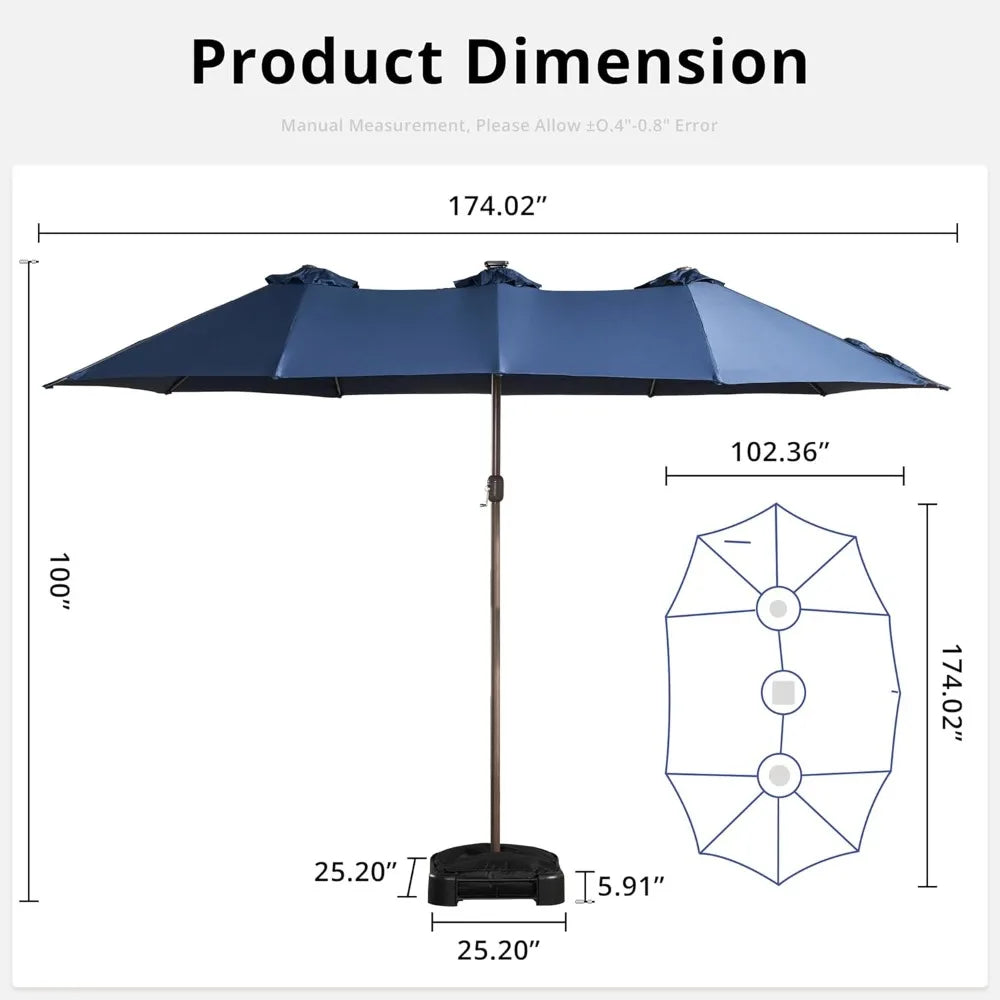 15ft Rectangle Double Sided Patio Umbrella With Base And 38 LED Solar Lights