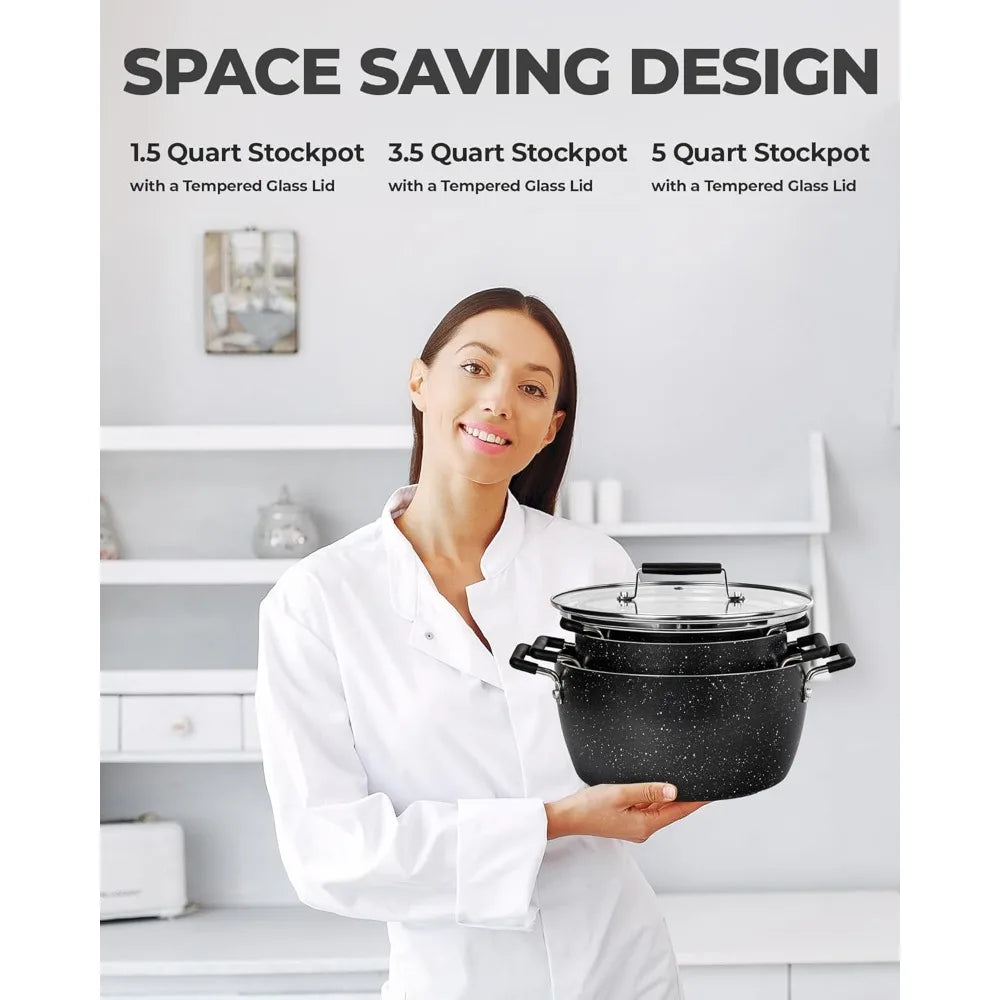 Granitestone Black Pots and Pans Set Nonstick, 6 Stackable Piece Cooking Pots Set, Kitchen Pots, Non Stick Coating, 5qt 3qt & 1