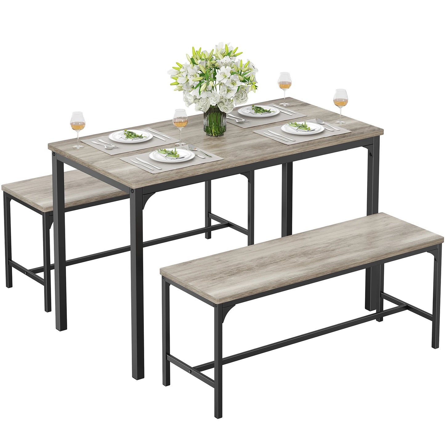 JHK 3Pcs Table And Chair Set Wooden Desktop Metal Frame Space Saving 4 People