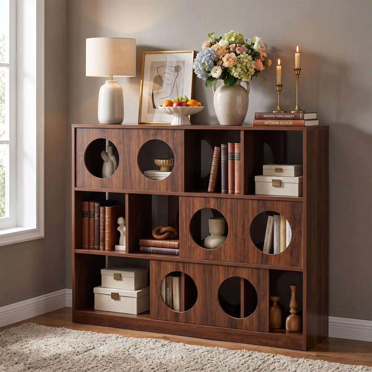 Low Wood Bookshelf With Round Cutout Cubbies Organizer
