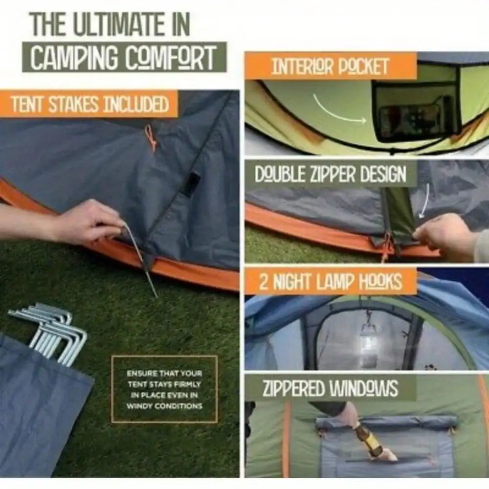 Camping Tent For Two With Two Doors Easy Pop Up Aluminum Poles UPF50 Waterproof