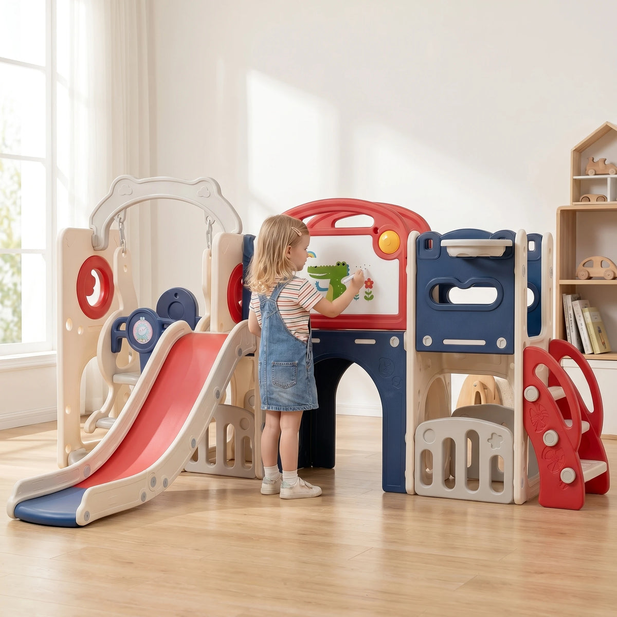12‑in‑1 Kids Play Castle Playset Toddler Slide and Swing Set with Drawing Board Basketball Hoop HDPE Indoor Outdoor Children Playground Toy for 1‑6 Years Old