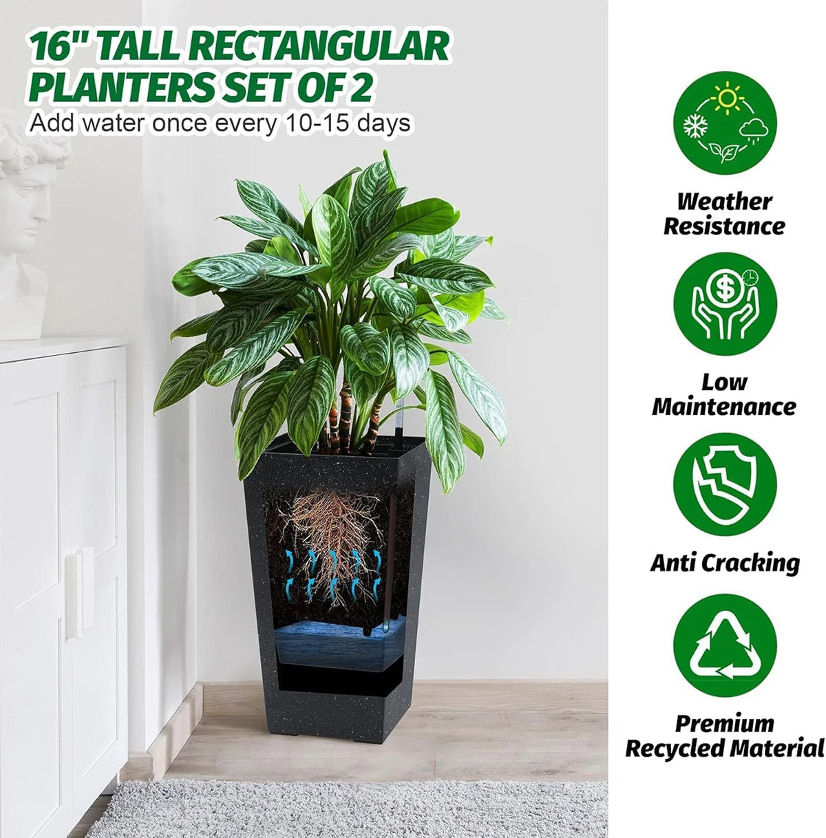 Rectangular Planters Set Of 2 Outdoor Pots With Water Level