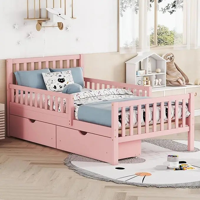 Pink Kids Twin Bed with Guardrails and Headboard Footboard 2 Drawers