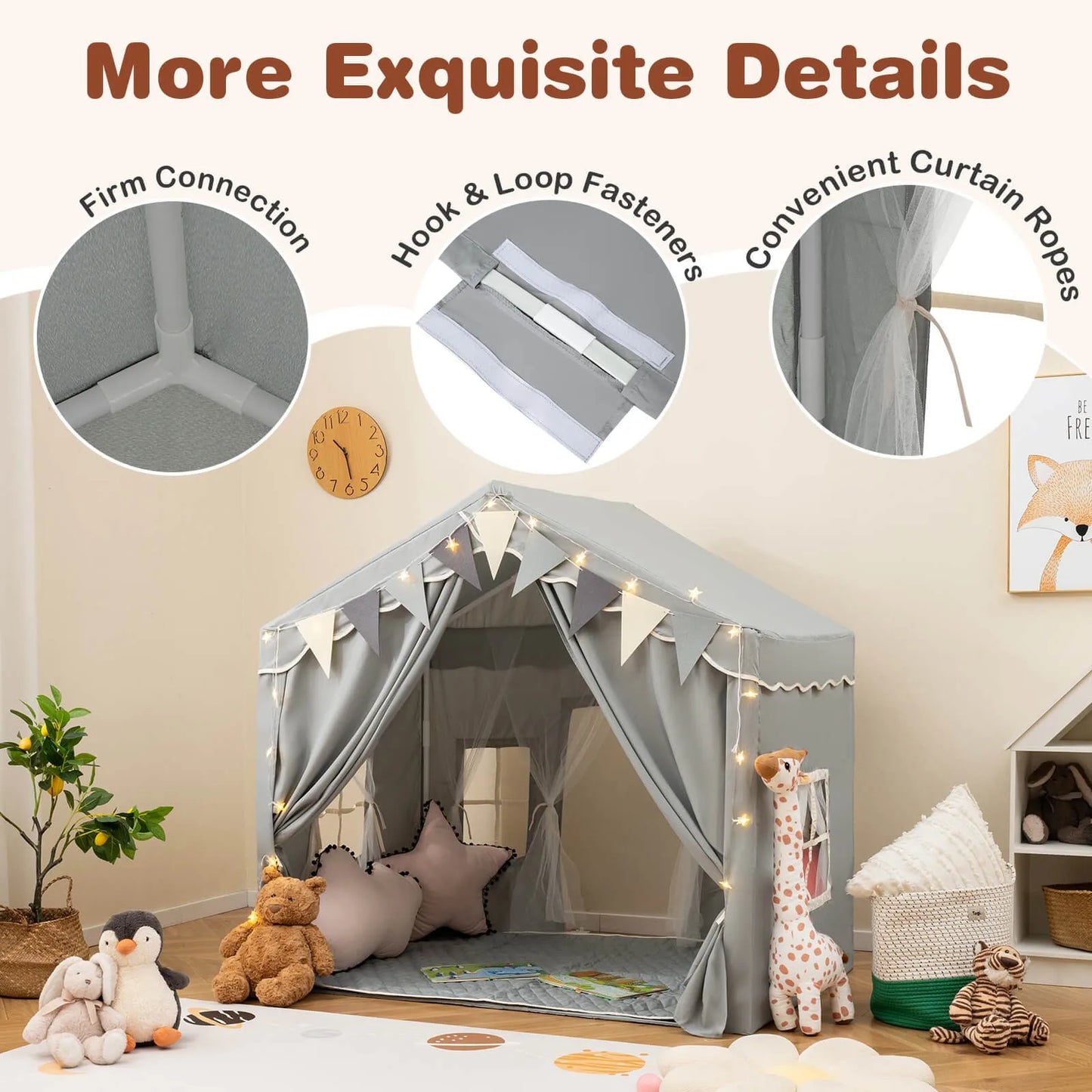3-4 Kids Large Play Tent House w/ 2 Opening Doors Star Lights & Plaid Pennants