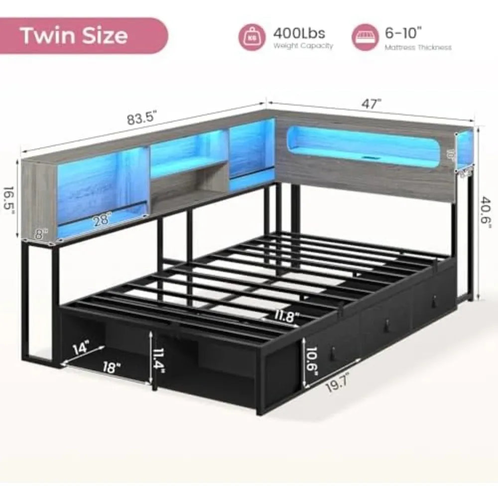 Twin Corner Bed Frame with Bookcase Storage & Headboard, Grey | Charging Station, RGB Lights, Metal Daybed with 3