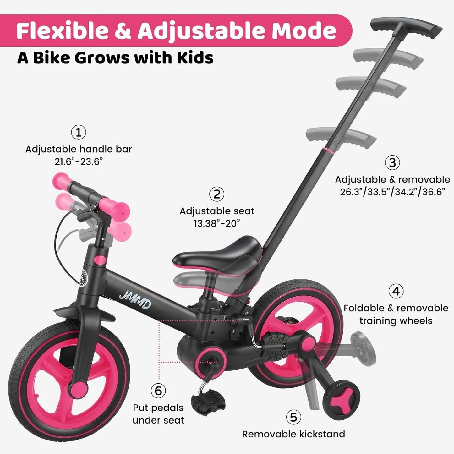Toddler Bike With Push Handle 6 In 1 Foldable Bike Pedals Training Wheels
