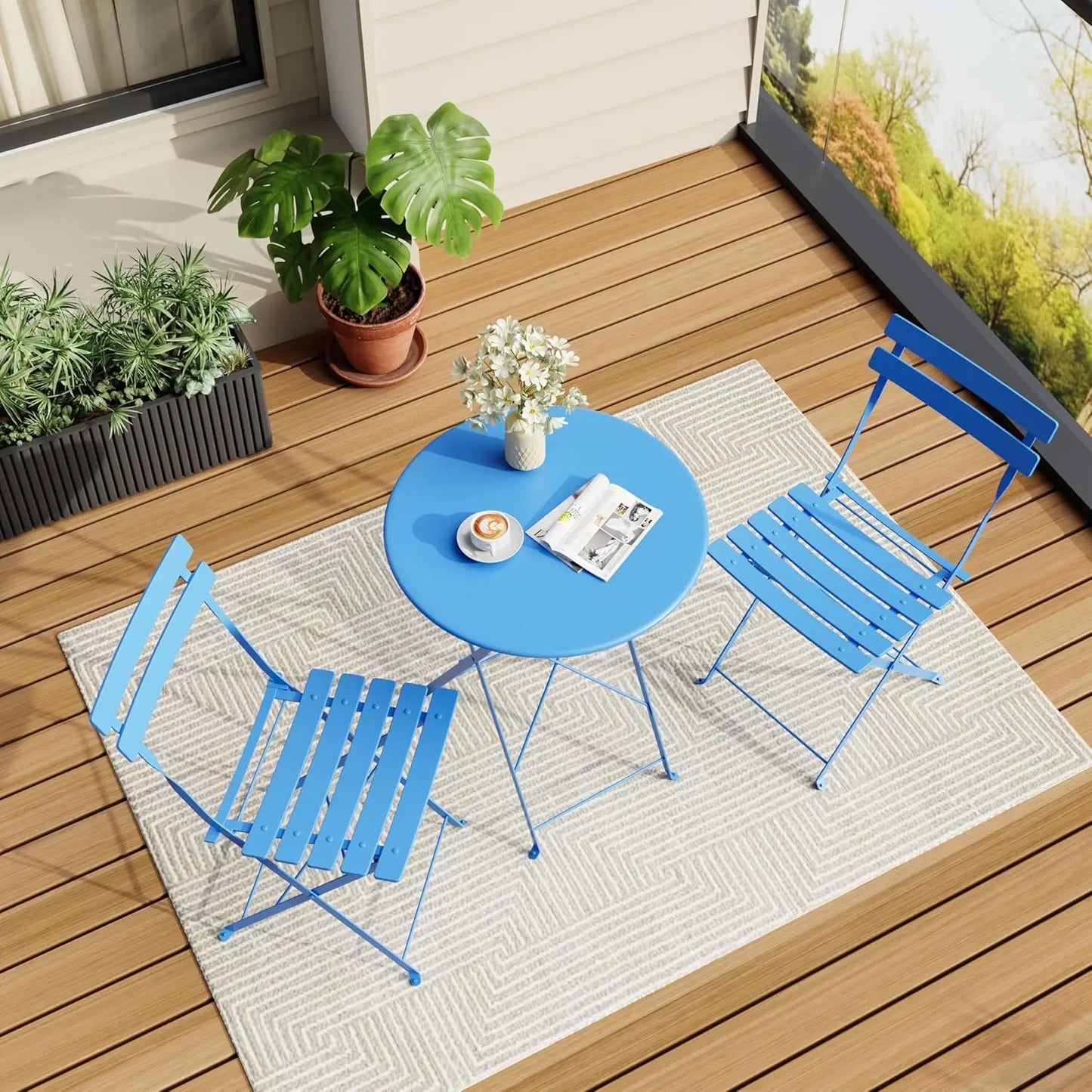 3-Piece Foldable Bistro Set, Outdoor Patio Furniture with Premium Frame, Table and 2 Chairs for Garden Balcony Blue