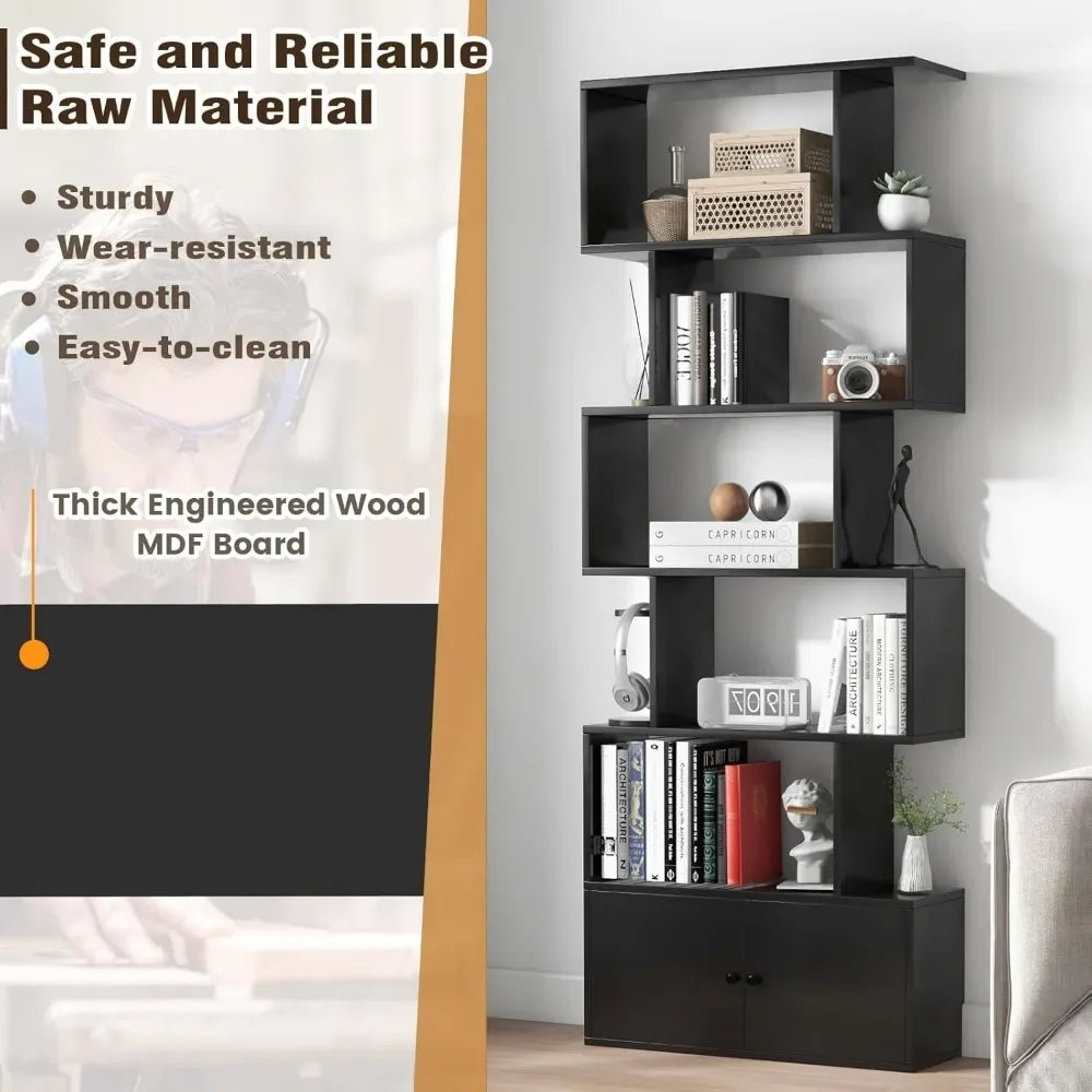 6-Tier Tall Bookcase with Cabinet, Anti-Tipping, Home Storage Organizer, Geometric Style