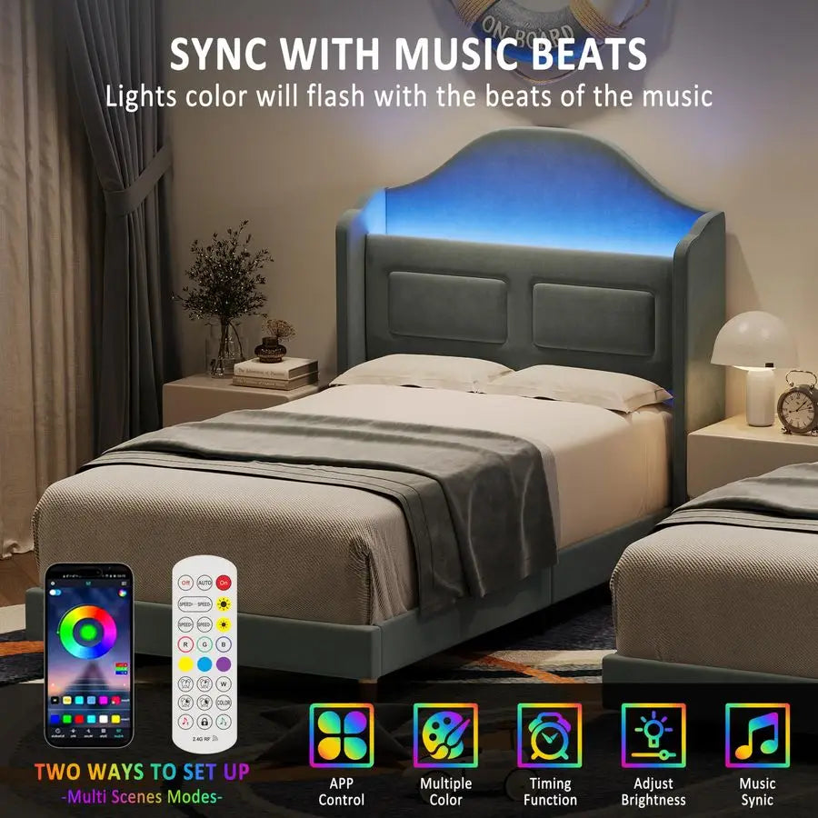 Twin Kids Velvet Platform Bed Frame With Storage Bookcase Headboard LED
