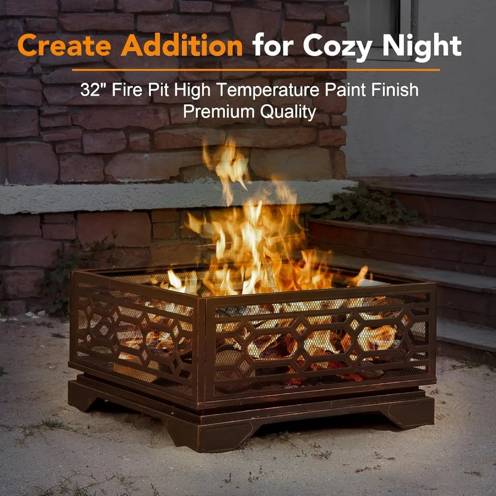 Large Square Outdoor Wood Burning Fire Pit With Mesh Cover