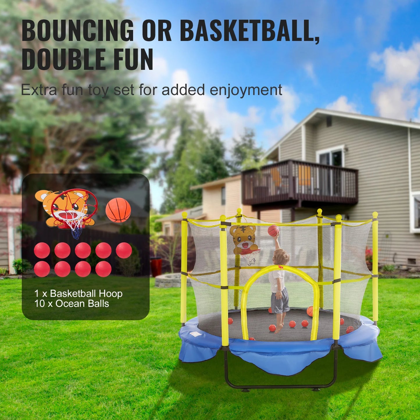 VEVOR 60" 5FT Trampoline for Kids Indoor Outdoor Trampoline with Safety Enclosure Net Basketball Hoop and Ocean Balls for Kids