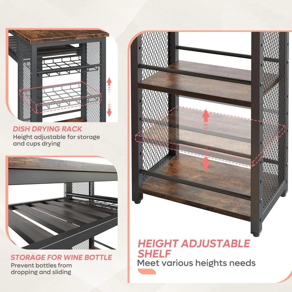 bar table and chair set, expandable dining table with 2 bar stools, industrial kitchen counter with wine rack & 3 tier adjustab