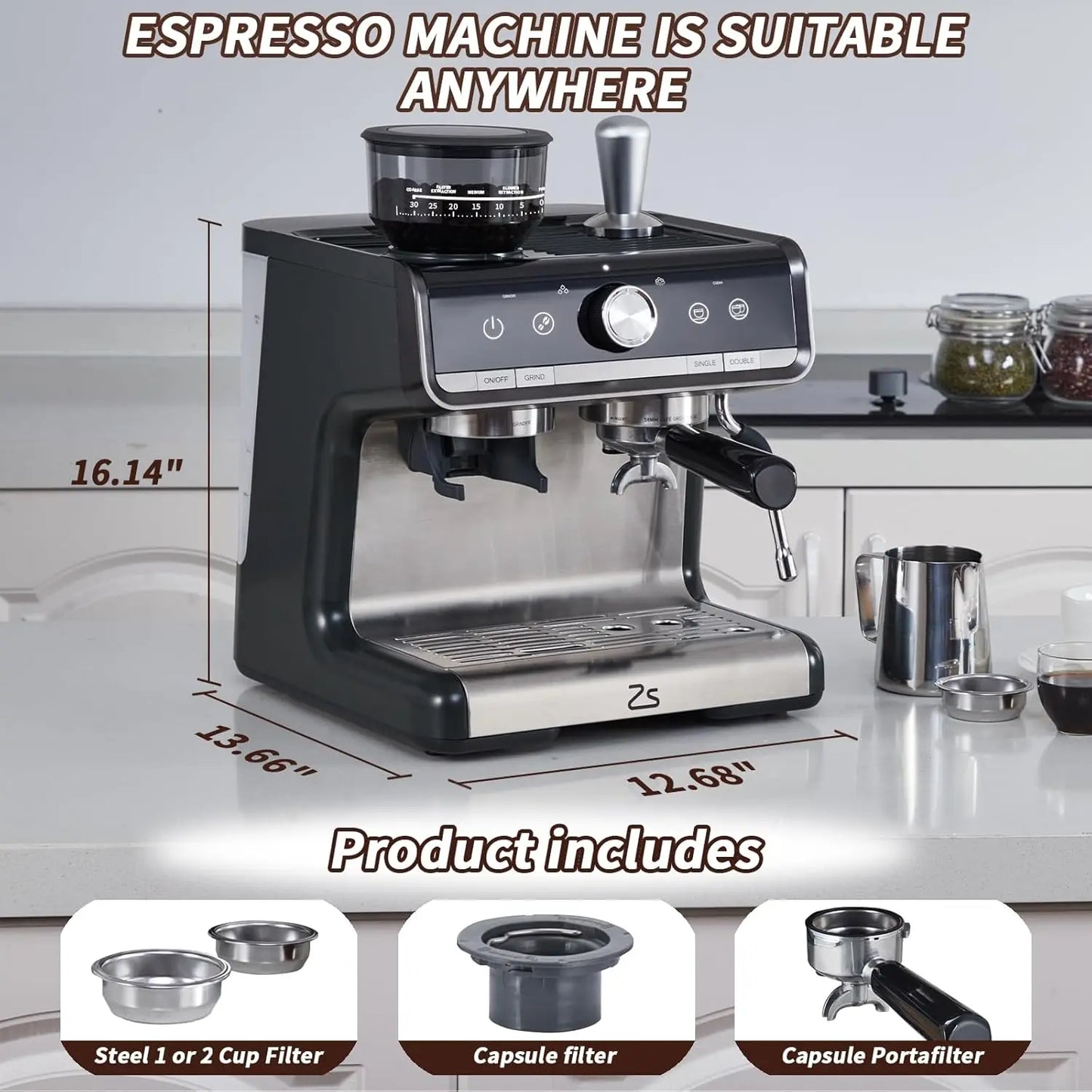 Espresso Machine With Grinder And Milk Frother Steam Wand 20 Bar 1450W