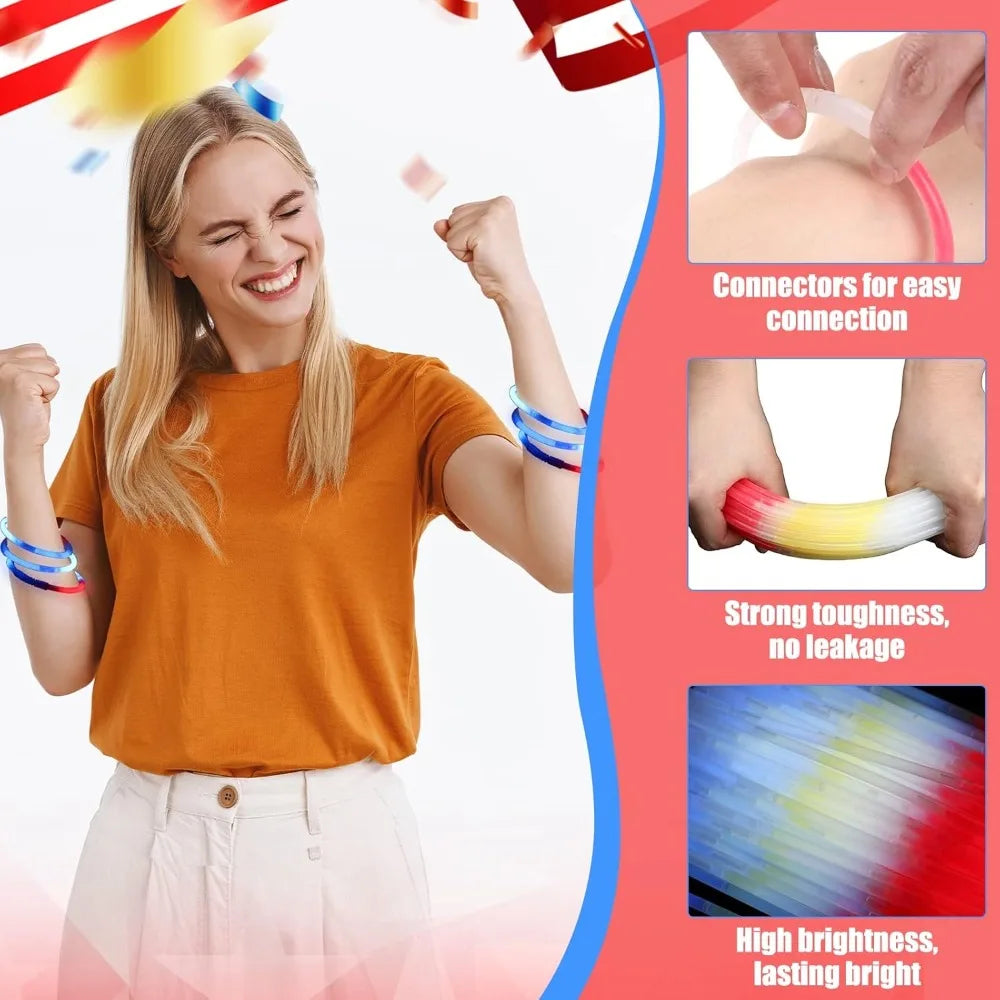 Patriotic Glow Stick Bracelets 100 Pack 8 Inch Red White Blue Fourth Of July