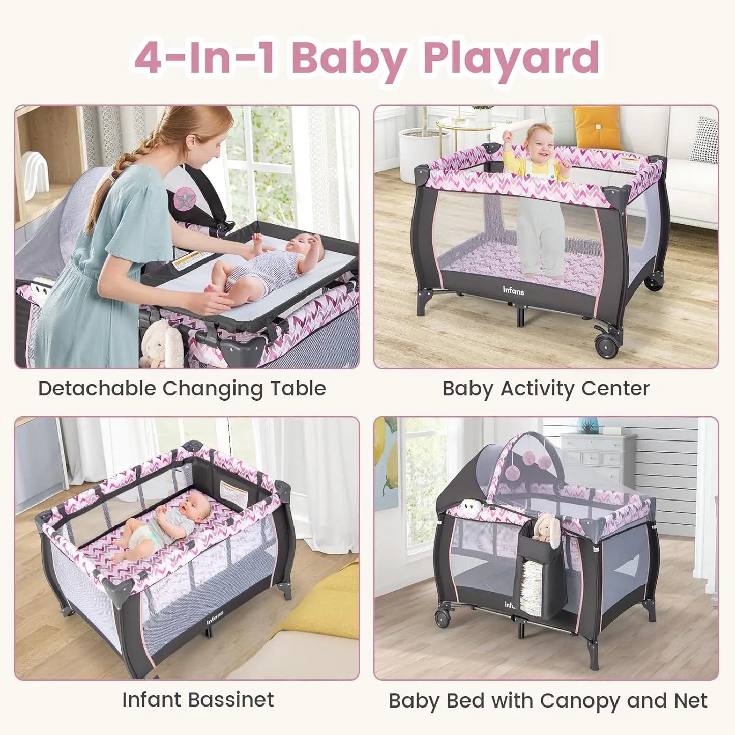 4 In 1 Portable Baby Playard With Bassinet Changing Table Canopy And Toys Pink
