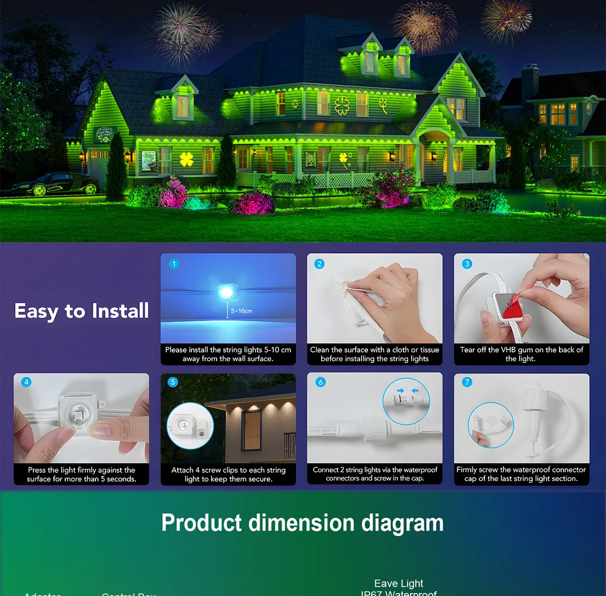 MIMIRGB Outdoor Eaves Lights LED String With App Control DIY Scene Modes
