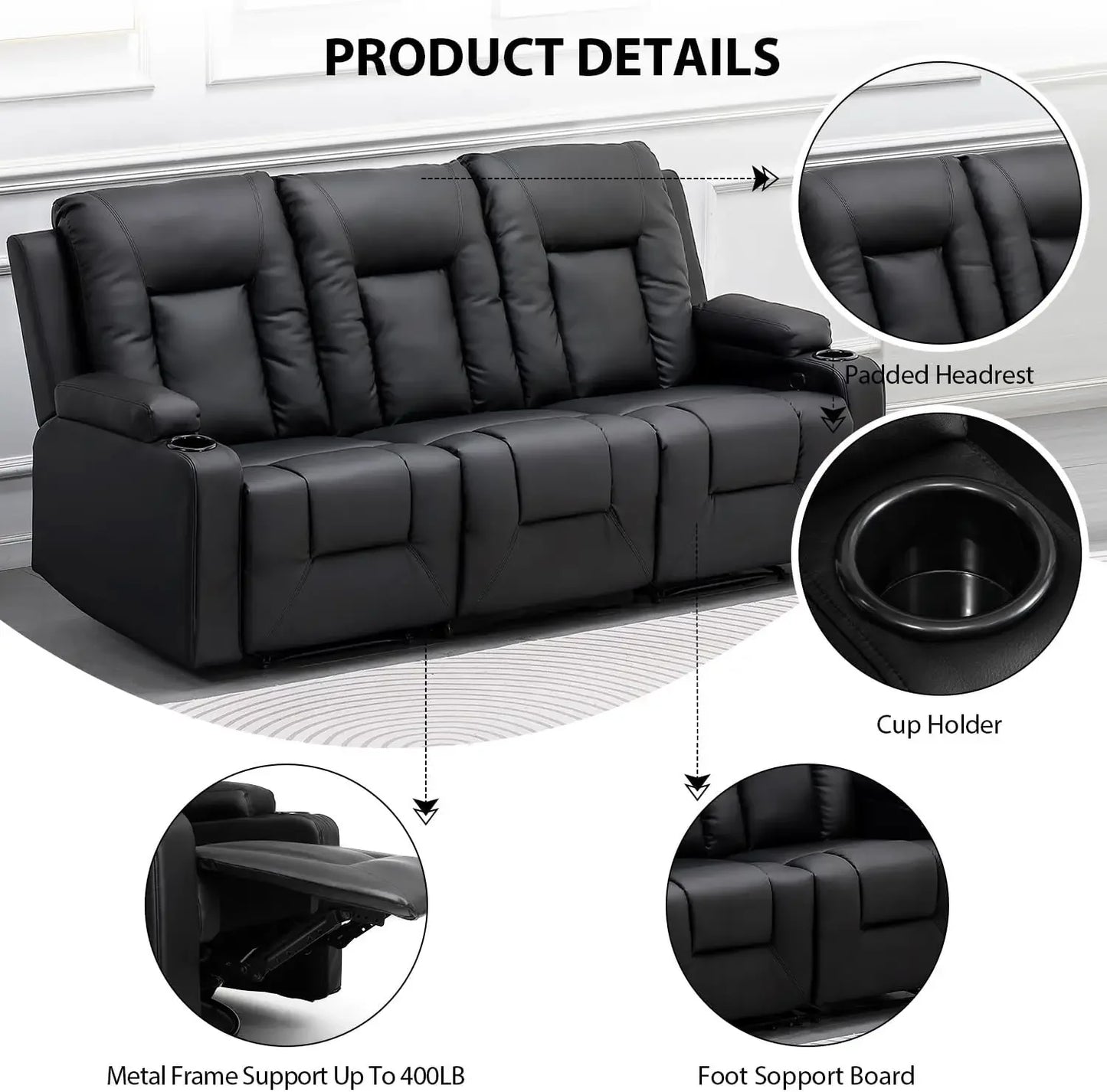 Hot salesRecliner Chair Set, Leather Recliner Living Room Furniture Sets, Recliner Sofa Loveseat (Black,Living Room Set 3+2+1)