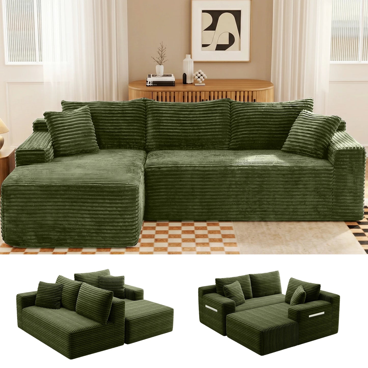 Modern Black Corduroy Modular Sectional Sofa With Deep L Shaped Chaise