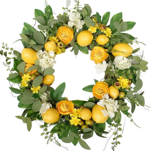 20 Inch Artificial Lemon Wreath For Front Door With Yellow Peony And Hydrangea