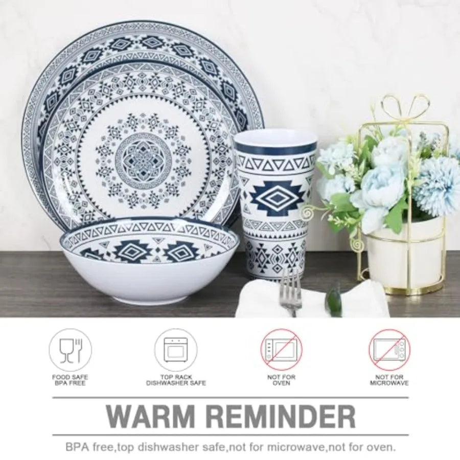 Melamine Dinnerware Set For 4 To 16 Pcs Camping Unbreakable Plates Bowls Cups
