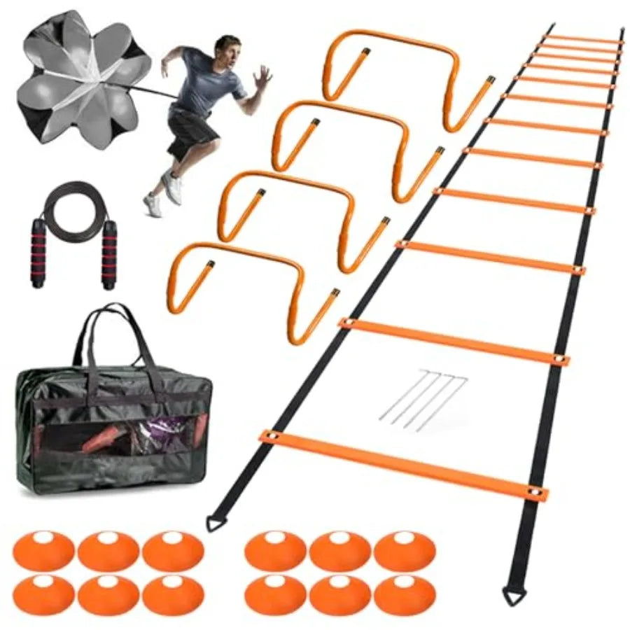 Agility Ladder Set 20 Feet With 4 Hurdles And Cones Jump Rope Parachute Training