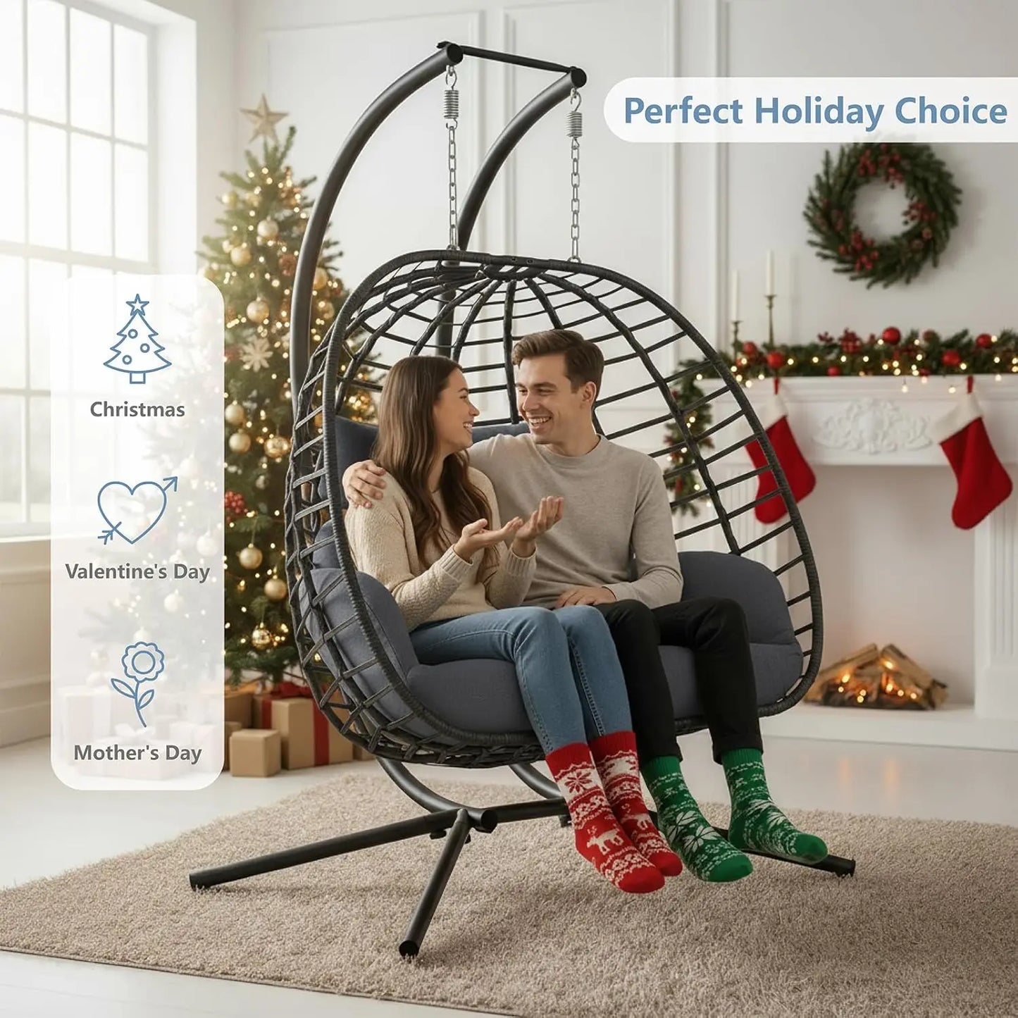Double Egg Swing Chair With Stand Outdoor Patio 2 Person Wicker Hammock Cushions