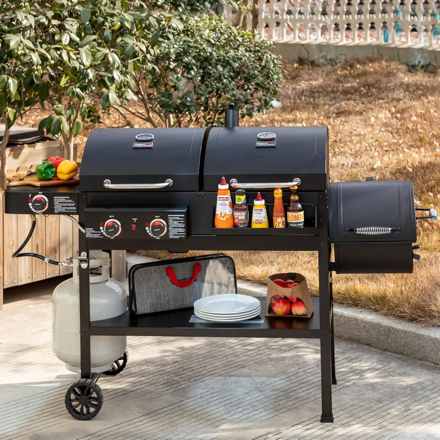 Dual Fuel Charcoal And Gas Grill With Offset Smoker 34000 BTU 1020 Square Inches