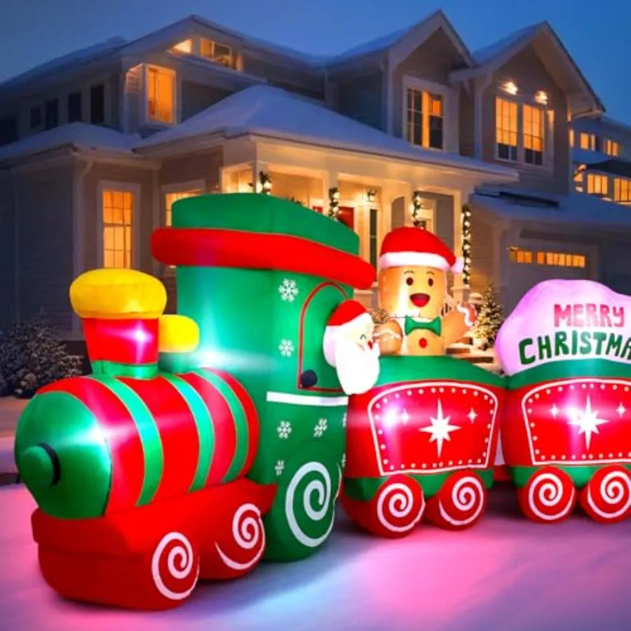 12Ft Christmas Inflatables Train with Santa Claus Reindeer Gingerbread Man Builtin LED Lights Blow Up Christmas Decor for Chris