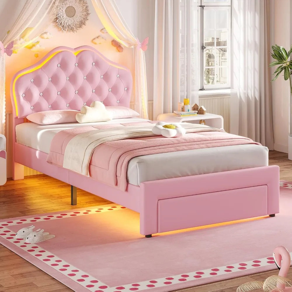 Twin Size Pink Upholstered Bed For Girls With Adjustable Headboard And LED Lights