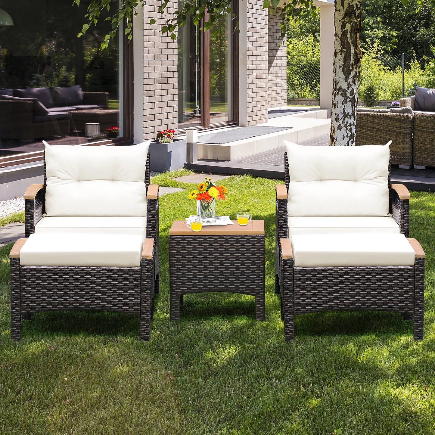 5 Piece Patio Rattan Furniture Set Cushioned Sofa And Ottoman Wood Top Table