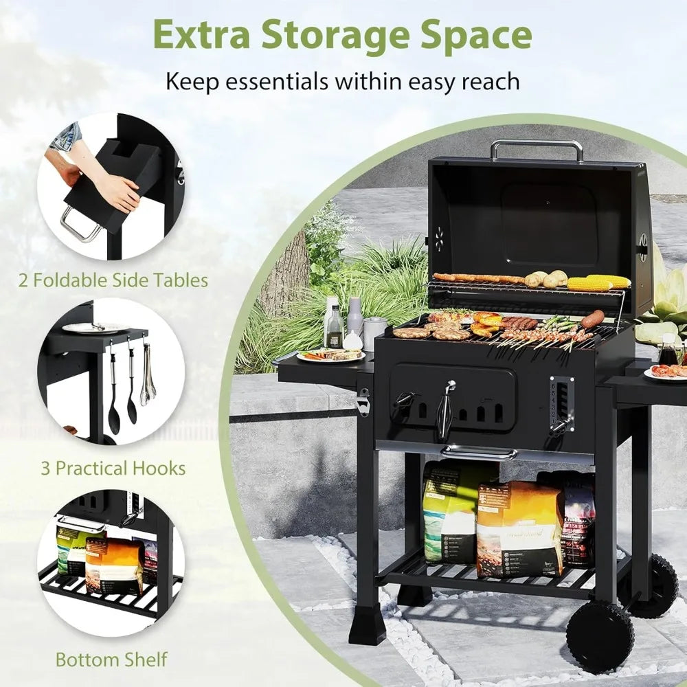 Adjustable Charcoal Grill With Thermometer And Side Tables
