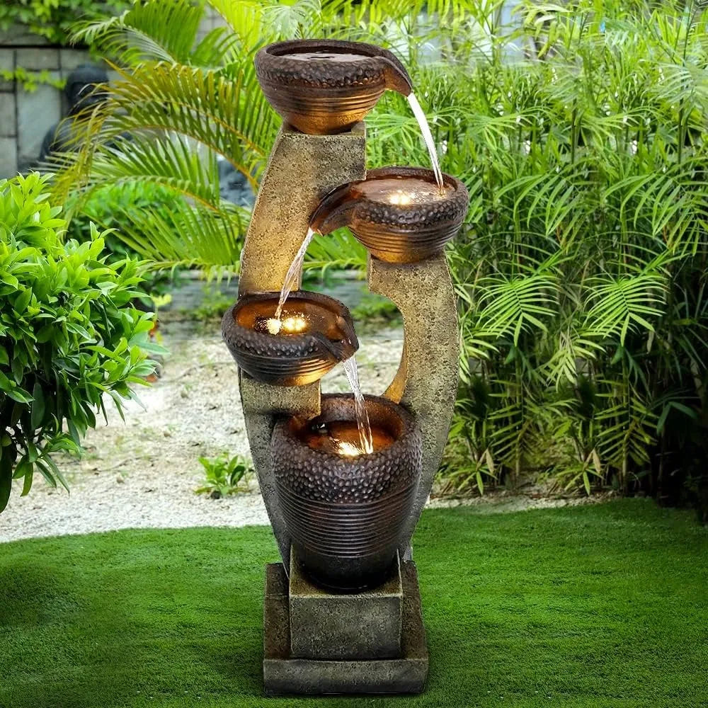 40” H Modern Outdoor Fountain - 4 Crocks Outdoor Garden Fountains With Contemporary Design&led Light For Garden, Patio,