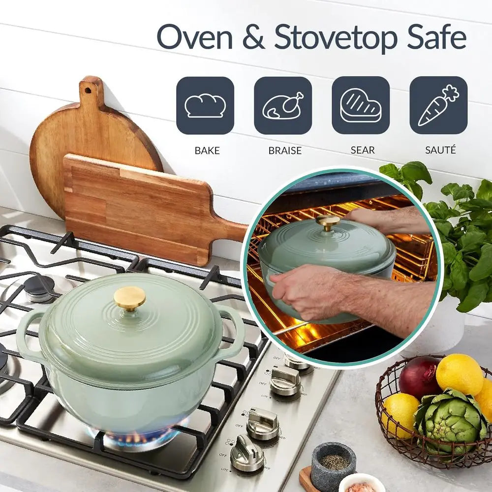 Sage Cast Iron Cookware Set With Skillet Lid 10in Grill Pan And 6Qt Dutch Oven