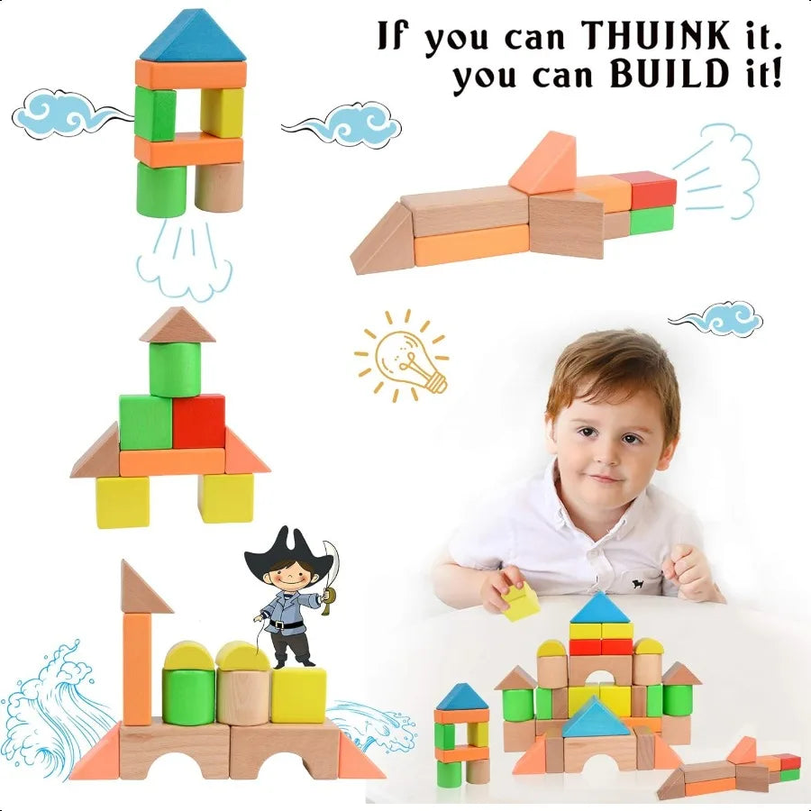 Large Wooden Building Blocks Set Educational Preschool Learning Toys with Carrying Bag Toddler Blocks Toys for 3+ Year Old Boy