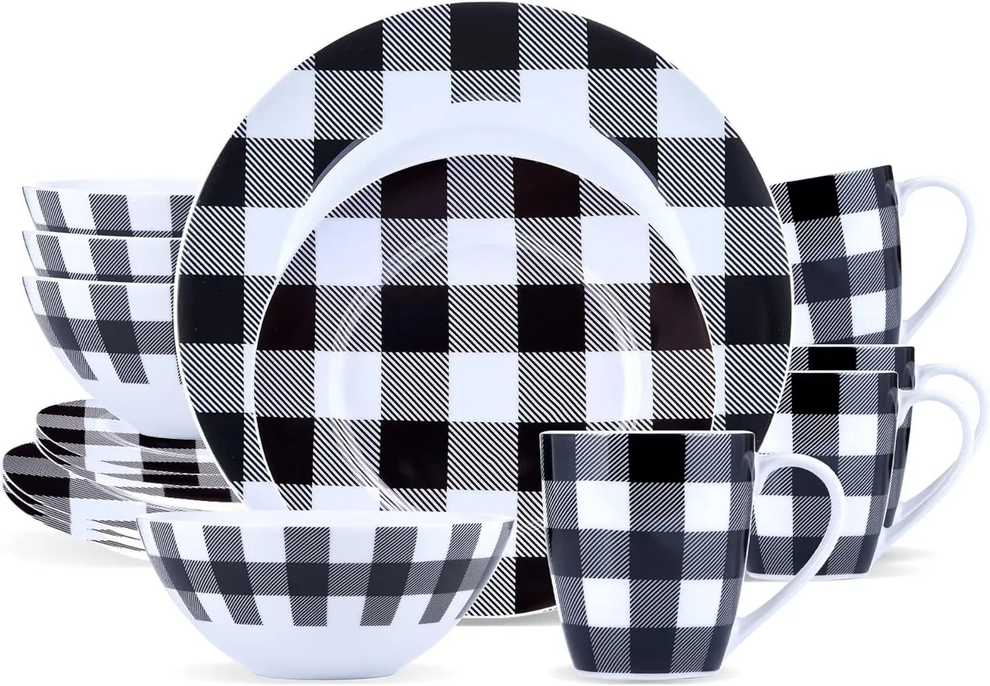 Winter Frost White And Black Modern Dinnerware Set 16 Piece Plaid Plates Bowls