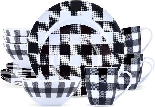 Winter Frost White And Black Modern Dinnerware Set 16 Piece Plaid Plates Bowls