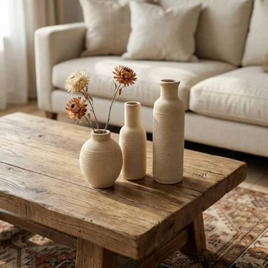 Rustic Farmhouse Ceramic Vase Set Of 3 For Centerpieces Home Decor