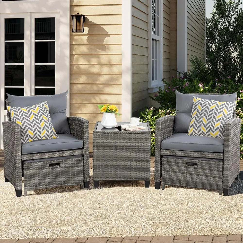 Compact Outdoor Patio Furniture Set: 2 PE Wicker Chairs, Ottomans, Cushions & Glass Table for Balcony (Light Grey)