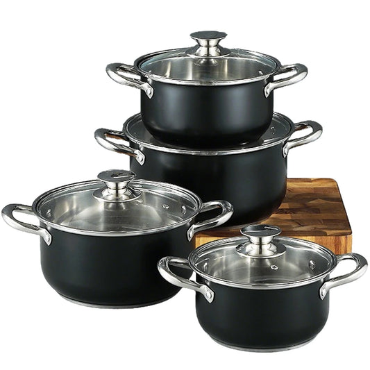 Eight Piece Stainless Steel Cookware Set With Glass Lid