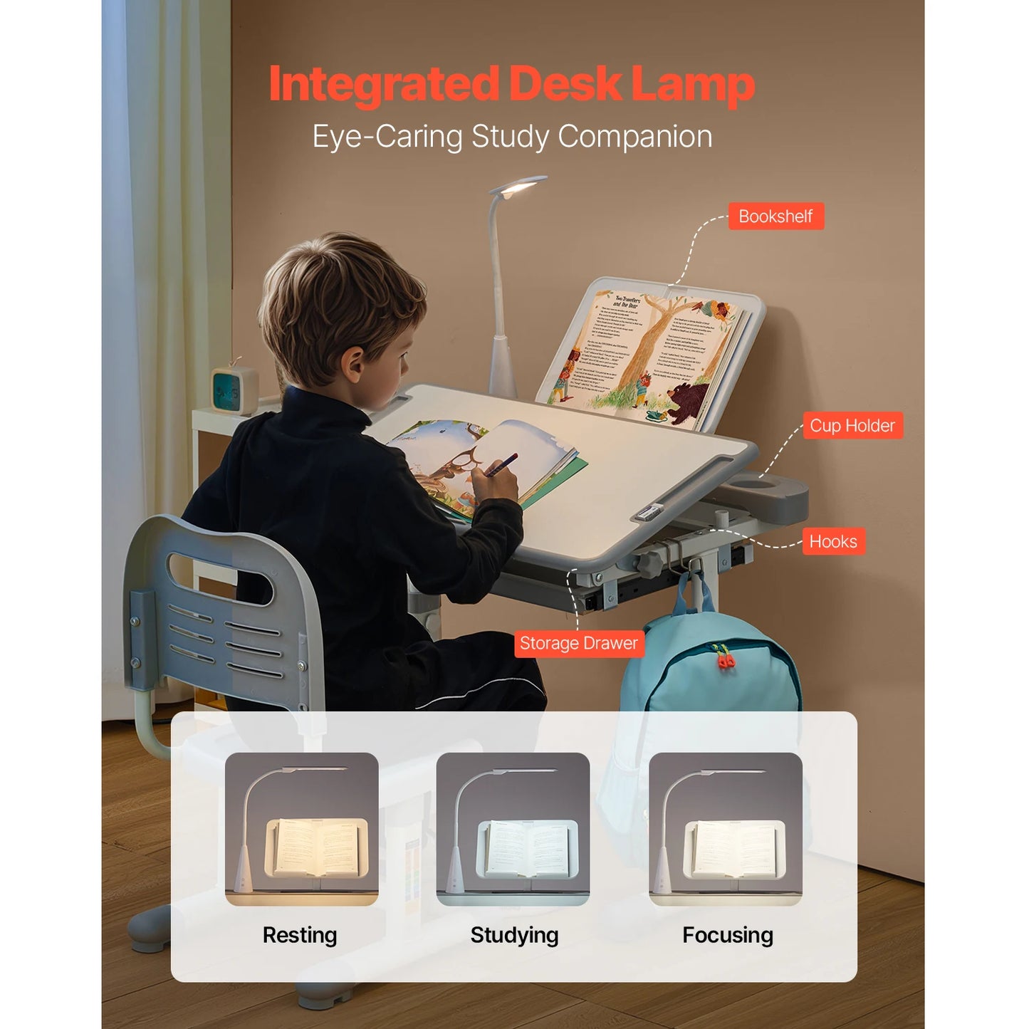 SucceBuy Kids Study Desk And Chair Set With Adjustable Height And Table Lamp