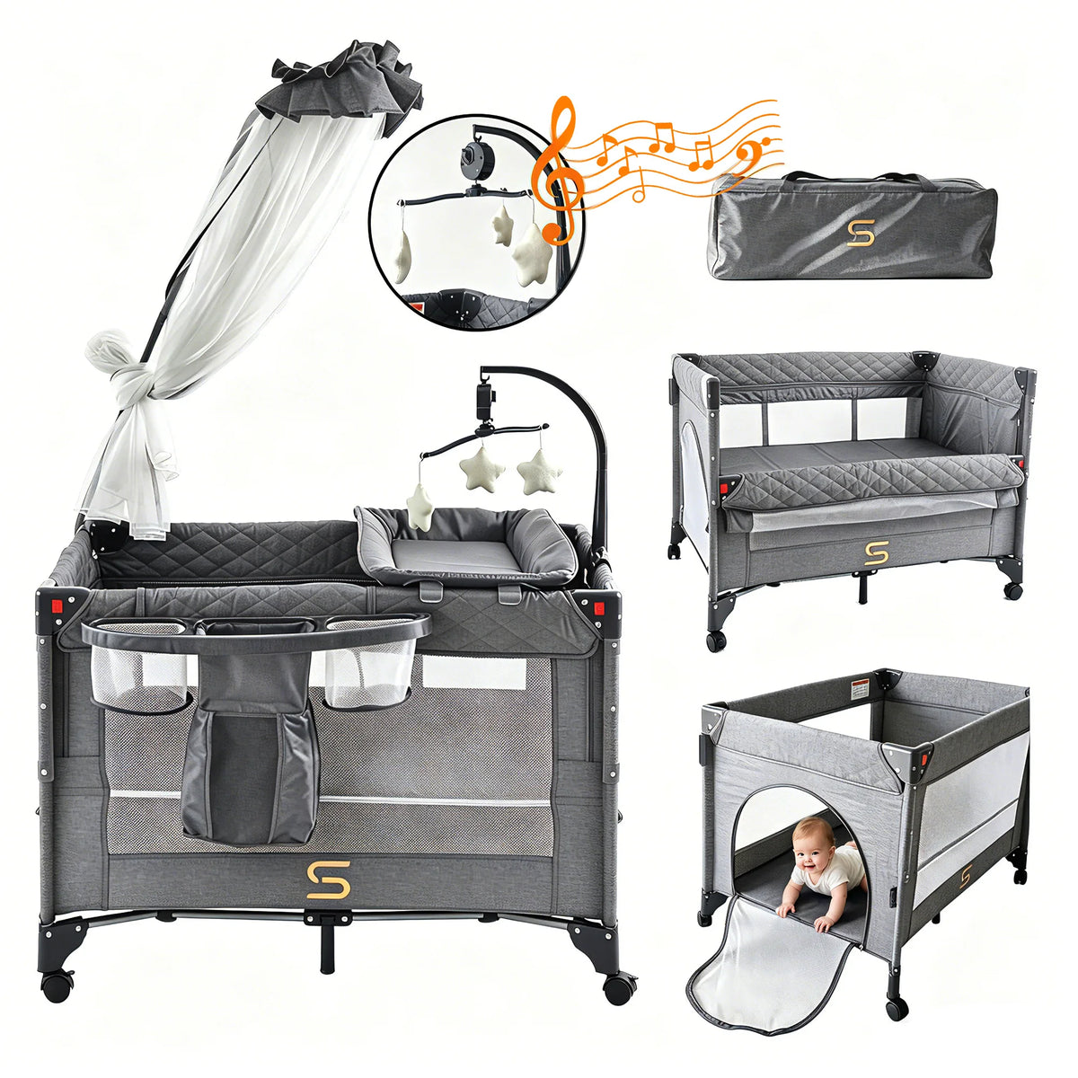Steanny Pack n Play, All-in-one Playard with Bassinet,Pack and Play,Bedside Sleeper Fodble Travel Cribs with 4Wheels, Changeing Table,Mosquito Net,Toys Bars with Music, Unisex Playpen Combo Bassinet
