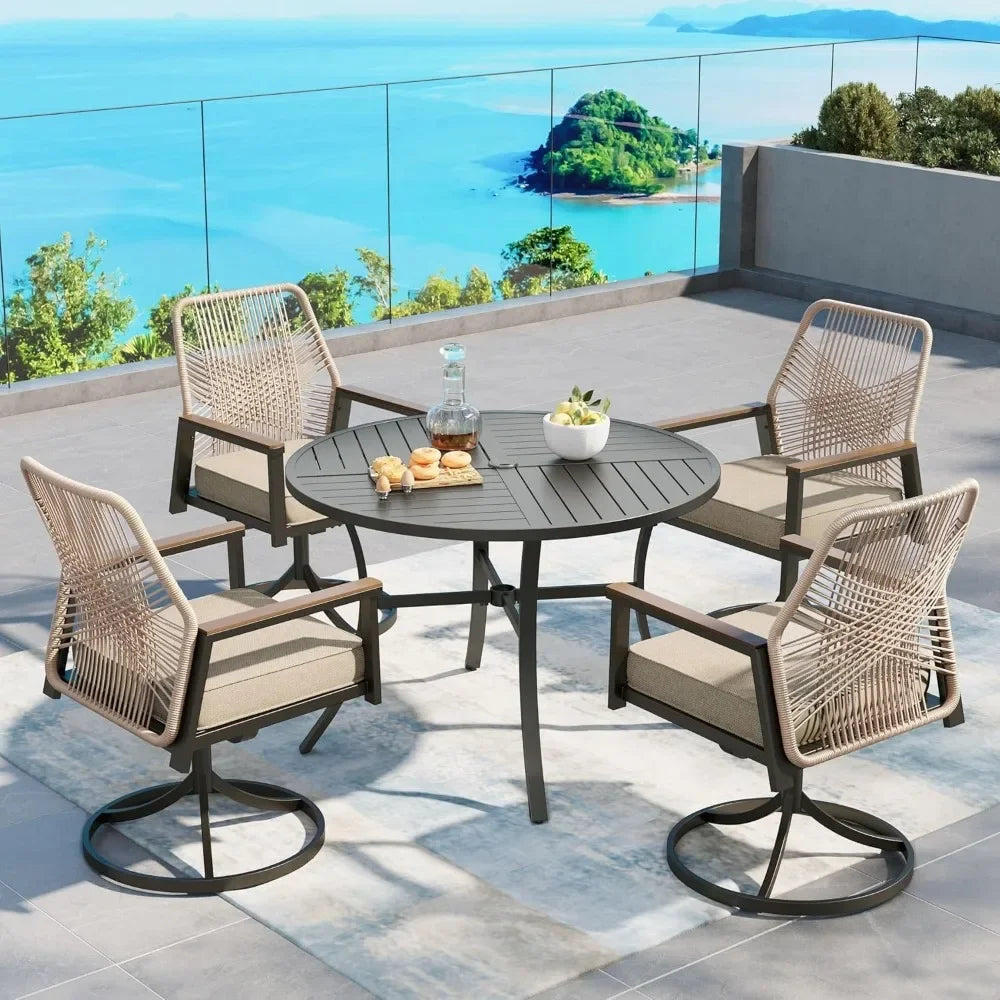 Patio Dining Set 5 Piece, 4 x Woven Rattan Swivel Chairs with Waterproof Cushion, 42” Metal Round Dining Table