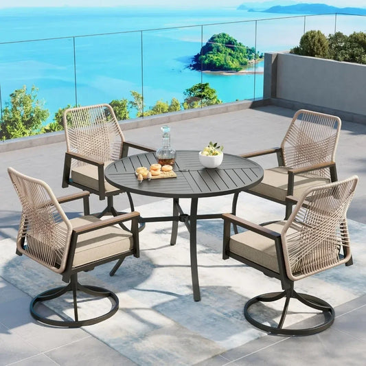 Patio Dining Set 5 Piece, 4 x Woven Rattan Swivel Chairs with Waterproof Cushion, 42” Metal Round Dining Table