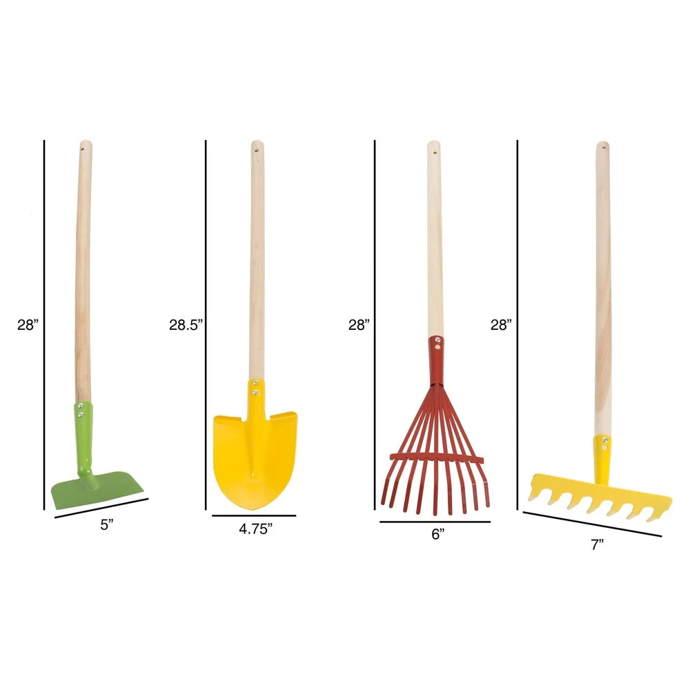 Kid's Garden Tool Set 4-Piece Wooden Handles Safe Edges Durable Metal Tools Outdoor Activity Learning Gardening Nature