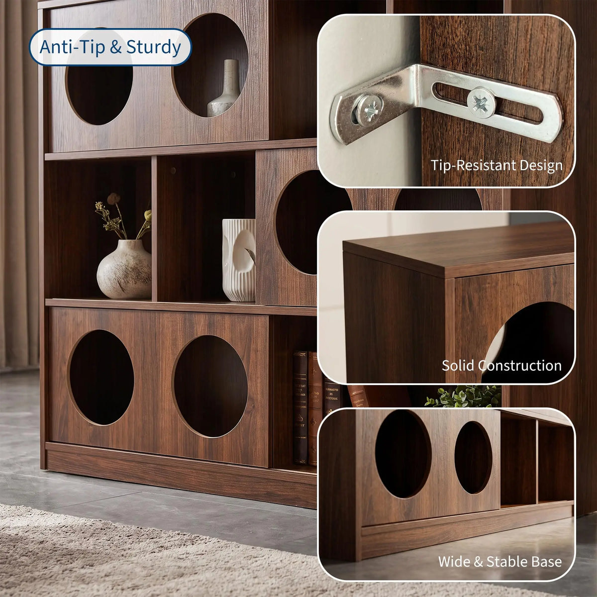 Low Wood Bookshelf With Round Cutout Cubbies Organizer