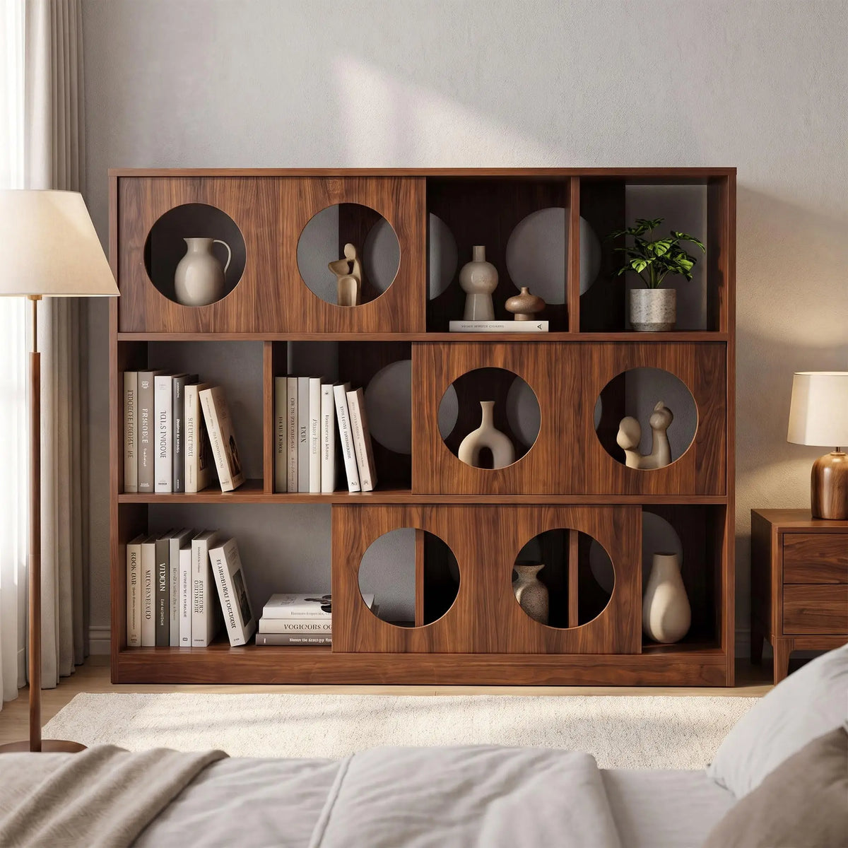 Low Wood Bookshelf With Round Cutout Cubbies Organizer