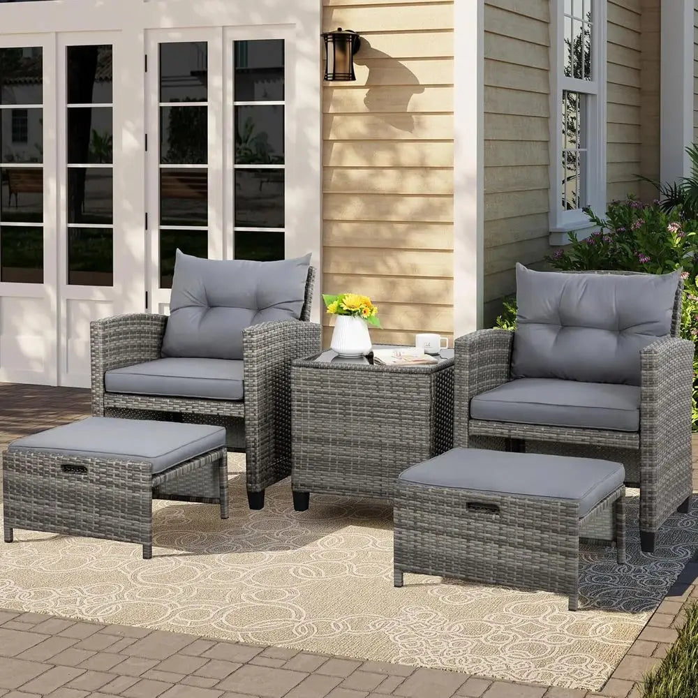Compact Outdoor Patio Furniture Set: 2 PE Wicker Chairs, Ottomans, Cushions & Glass Table for Balcony (Light Grey)