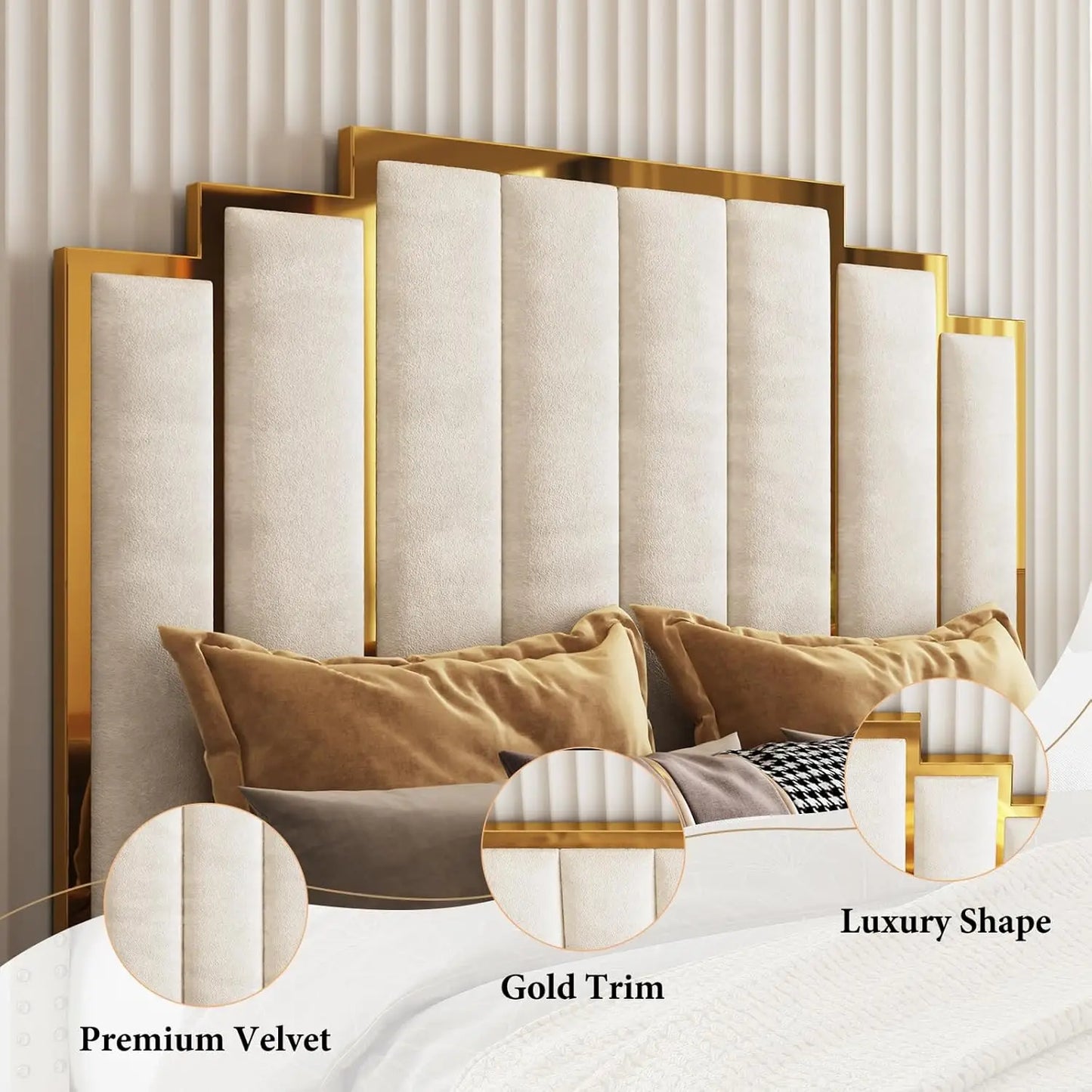 Cream Velvet Upholstered Bed Frame With Tall Gold Trim Headboard No Box Spring