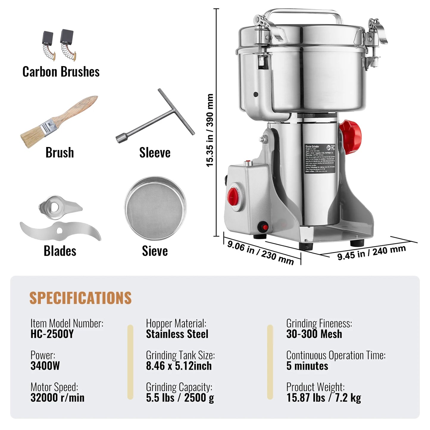 SucceBuy Electric Grain Mill Grinder 150-2500g for Dry Herbs Spices Coffee Corn